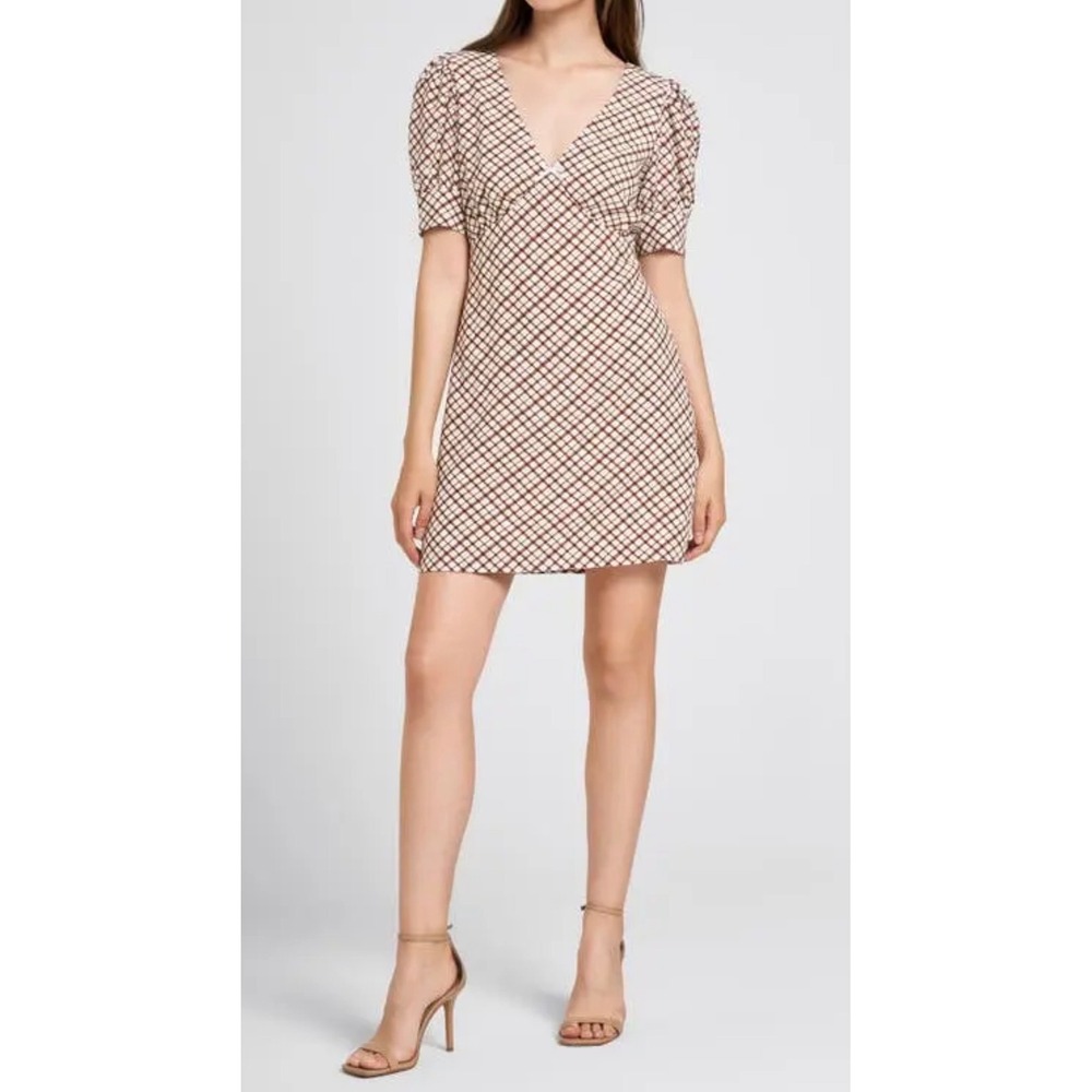 WAYF Brown Checker Puff Sleeve V-Neck Mini Dress 93552WH-RAQ XL